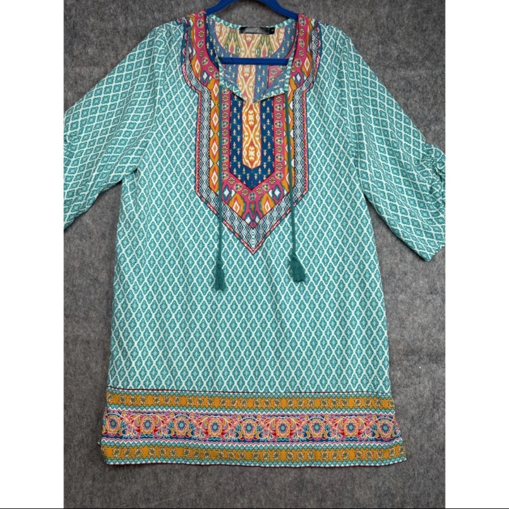 Urban Coco Tunic Dress Women's XL Teal‎ Ethnic Print Ruched 3/4 Sleeves Bohemian